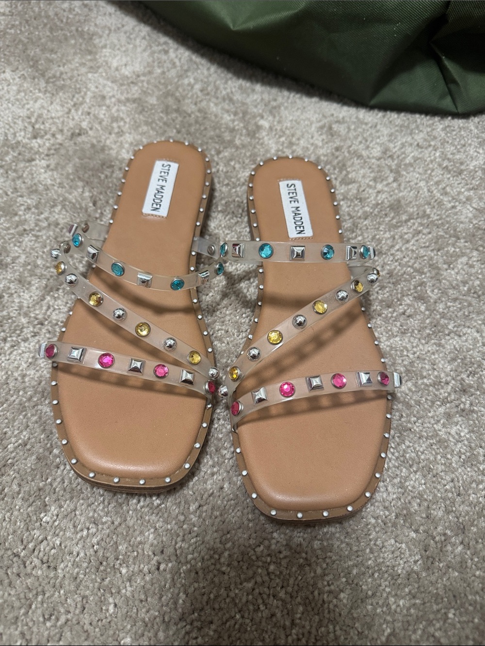Steve Madden Tan Slide Sandals with Multicolor Gem Straps